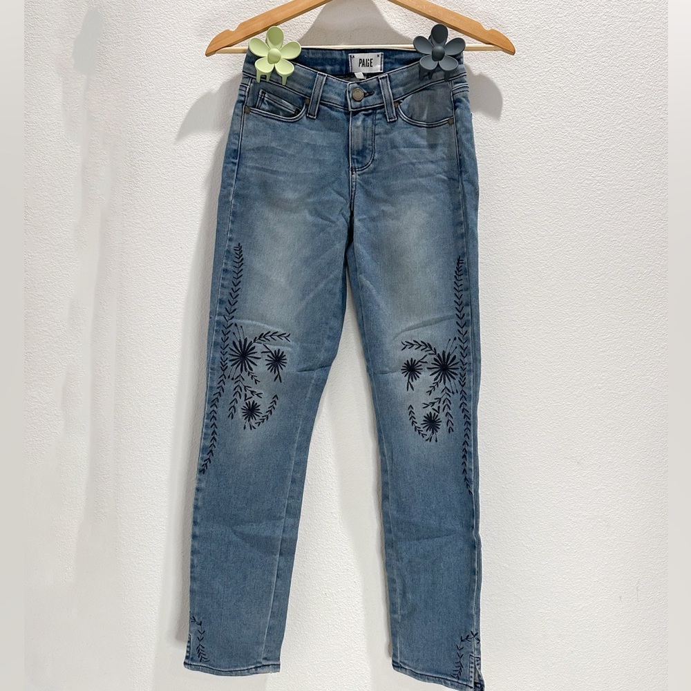 PAIGE Mid Rise Embroidered Floral Skinny Jeans